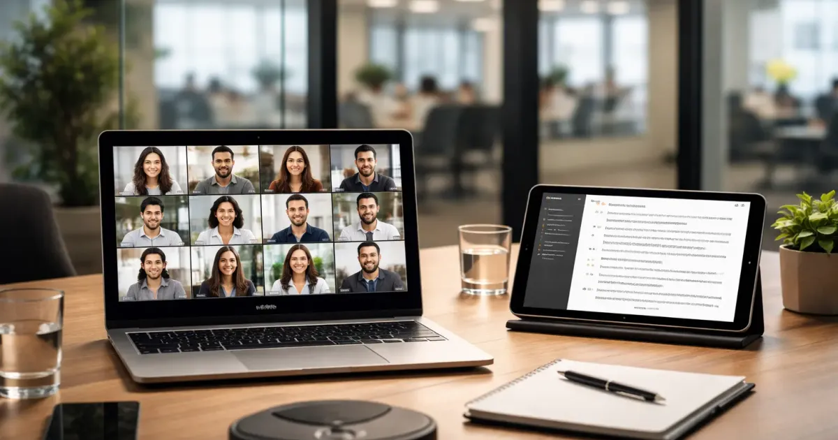 Collection of AI meeting assistant app interfaces on a laptop screen