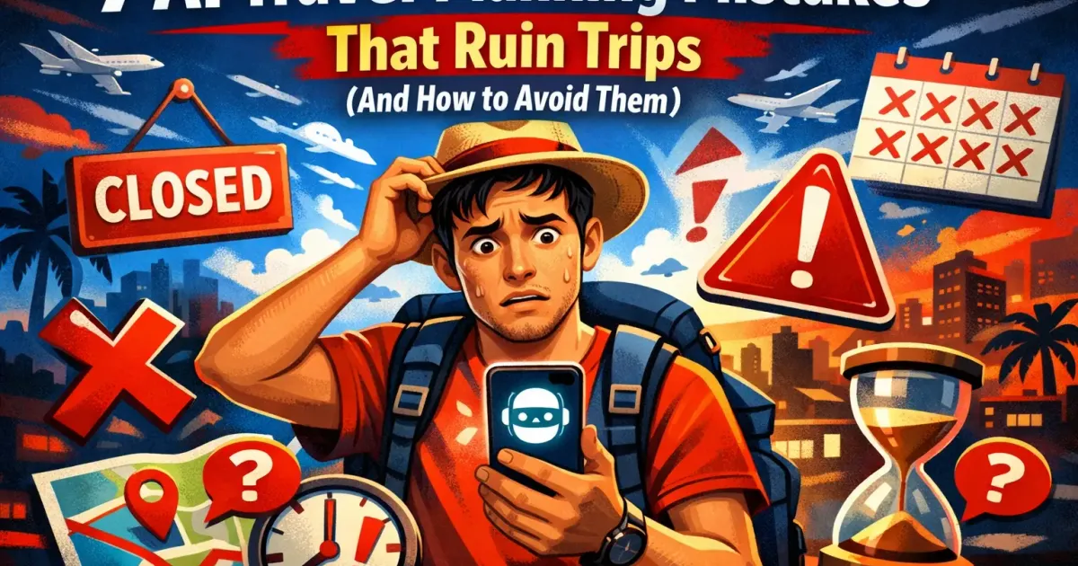 Illustration showing common AI travel planning mistakes to avoid