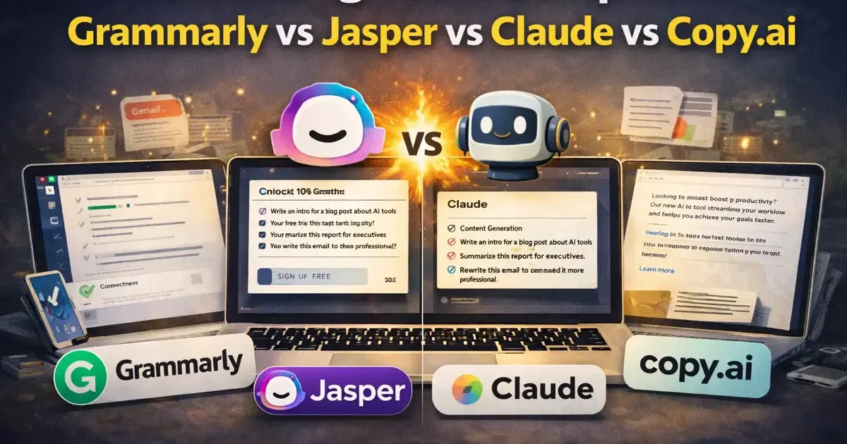 Side-by-side comparison of Grammarly, Jasper, and Claude writing tools