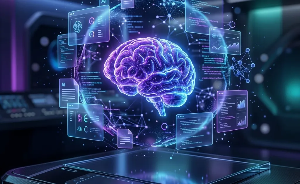 A holographic brain surrounded by floating code panels and AI data streams in purple and blue tones