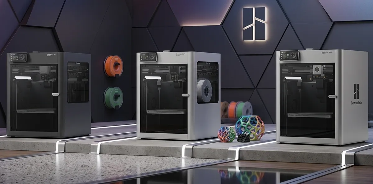 A lineup of Bambu Lab H2 Series 3D printers.