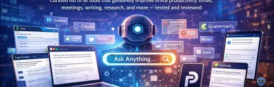 Collection of AI tools for office work displayed on a laptop screen