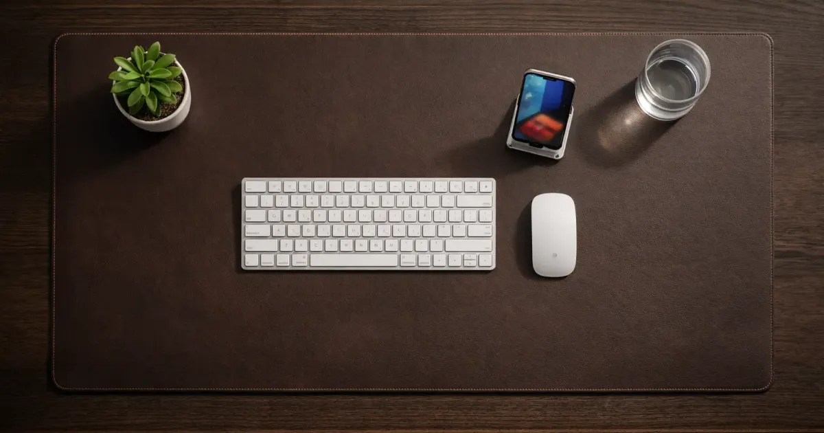 Collection of desk mats and pads in different materials on a desk