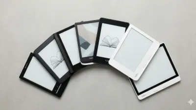 Collection of e-readers from Kindle, Kobo, and Boox on a clean surface