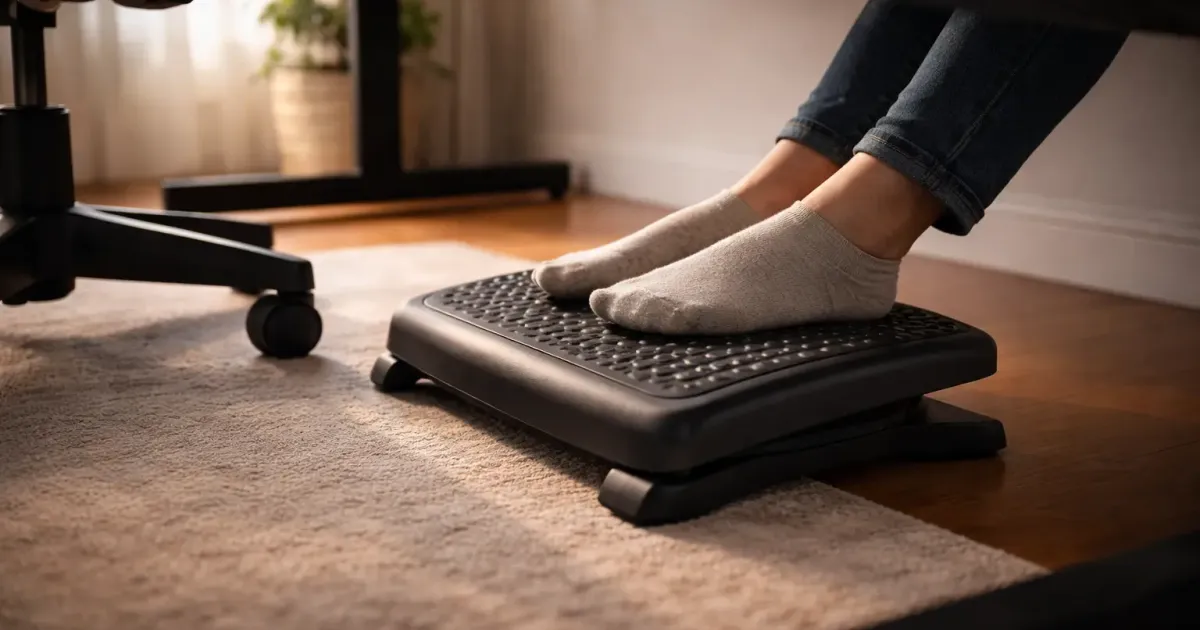 Collection of under-desk footrests in different styles on a floor