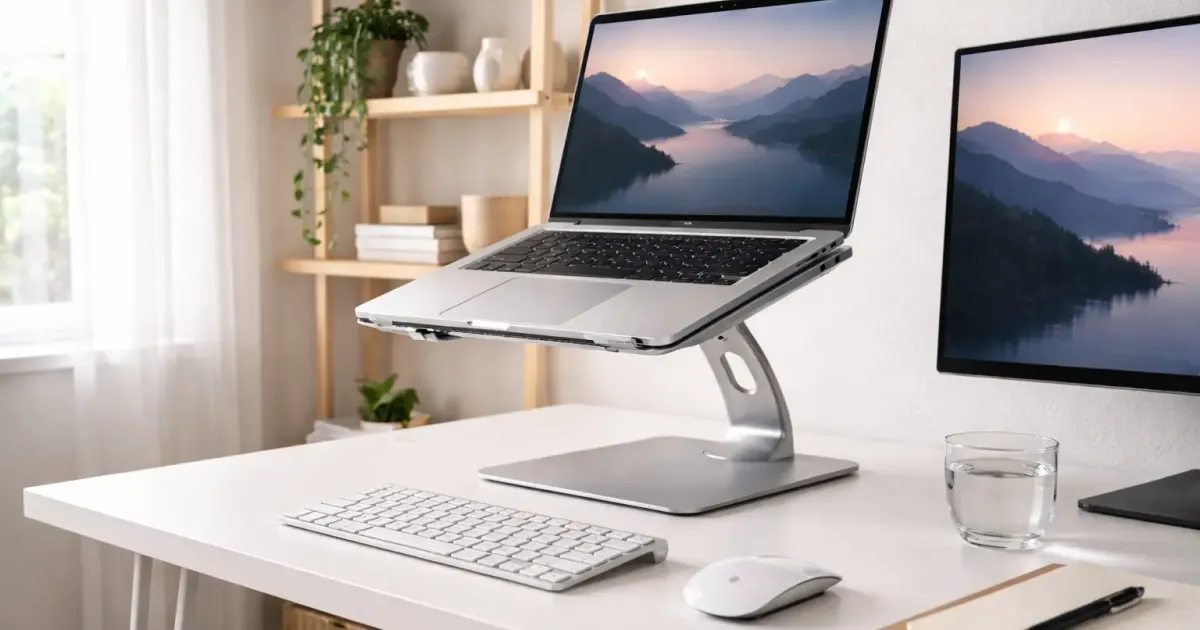 Collection of laptop stands at different heights on a desk