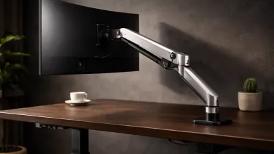 Collection of monitor arms mounted on desks in a home office