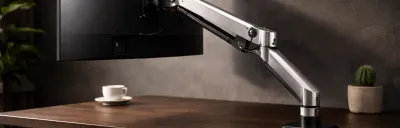 Collection of monitor arms mounted on desks in a home office