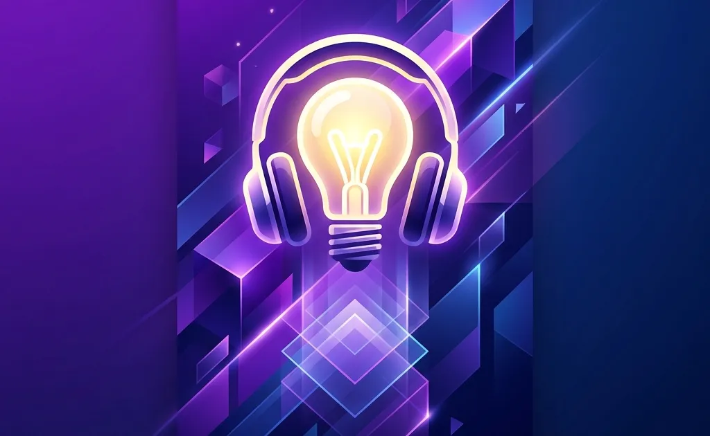 A sleek workstation with headphones and a glowing lightbulb icon, representing inspiration.