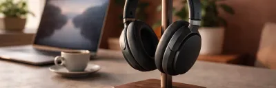 Collection of noise-canceling headphones for office use on a desk