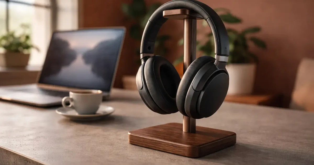 Collection of noise-canceling headphones for office use on a desk