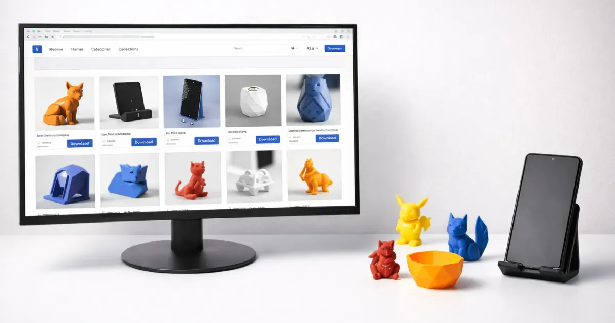 Collection of free 3D model websites showing STL file previews