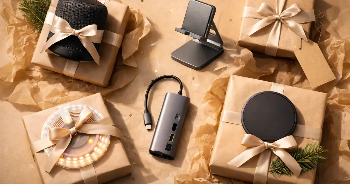 Collection of affordable tech gifts under 50 dollars on a clean background