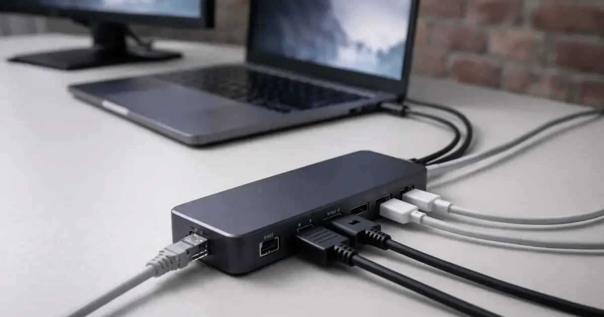Collection of USB-C docking stations with connected peripherals