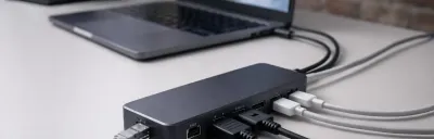Collection of USB-C docking stations with connected peripherals
