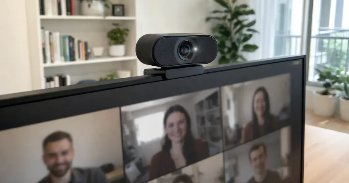 Collection of webcams for working from home mounted on monitors