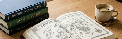 A stack of high-quality hardcover books on a minimalist wooden desk, one book is open showing a fantasy map, a warm cup of coffee nearby.