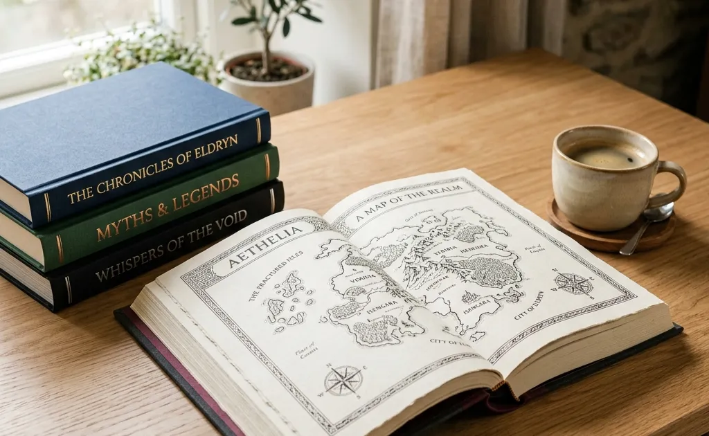 A stack of high-quality hardcover books on a minimalist wooden desk, one book is open showing a fantasy map, a warm cup of coffee nearby.