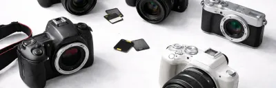 Collection of budget cameras under 500 dollars on a clean background