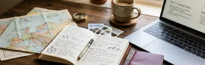 Travel journal with handwritten itinerary, vintage map of Europe, compass, coffee, and laptop showing AI-generated trip plan