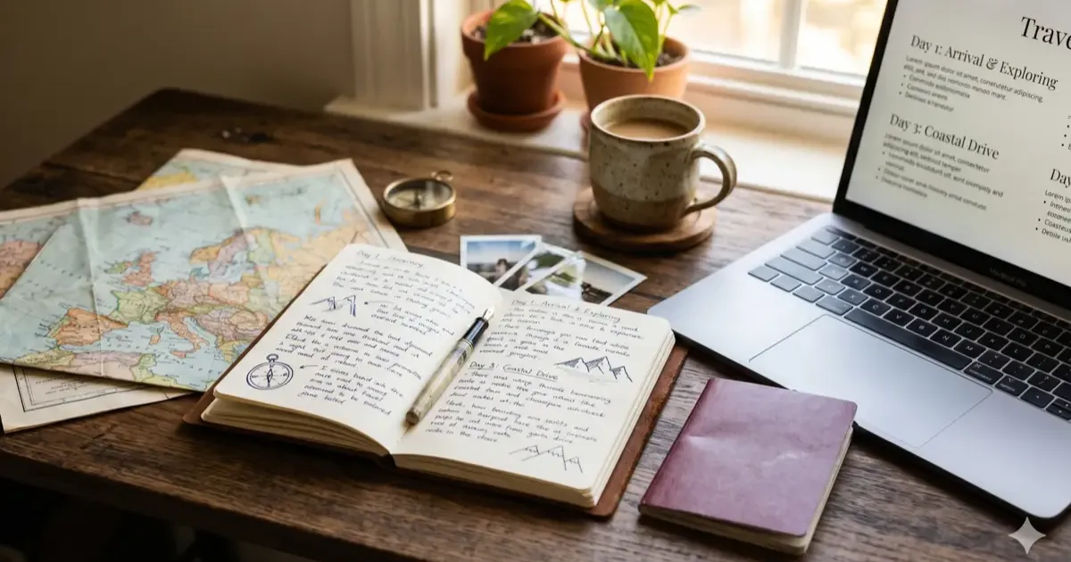 Travel journal with handwritten itinerary, vintage map of Europe, compass, coffee, and laptop showing AI-generated trip plan