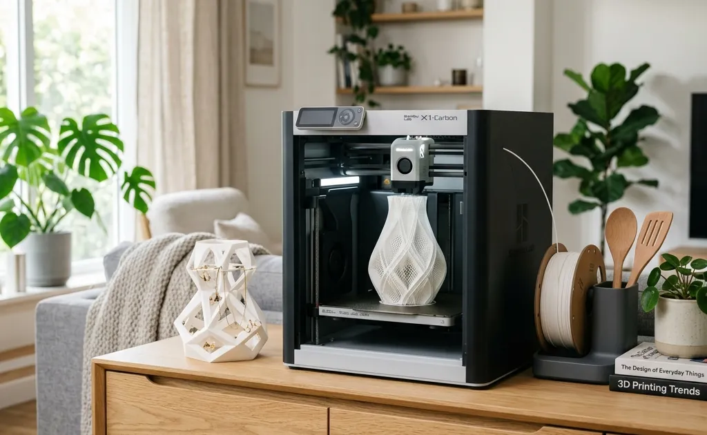 A sleek 3D printer integrated into a modern home interior, printing a beautiful vase.
