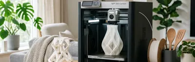 A sleek 3D printer integrated into a modern home interior, printing a beautiful vase.