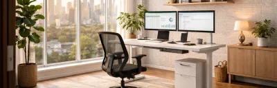 Illustration showing a complete home office desk upgrade setup