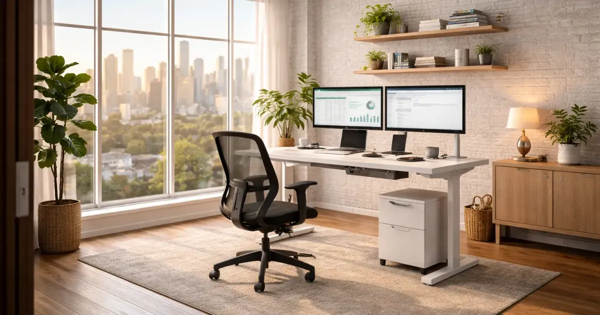 Illustration showing a complete home office desk upgrade setup