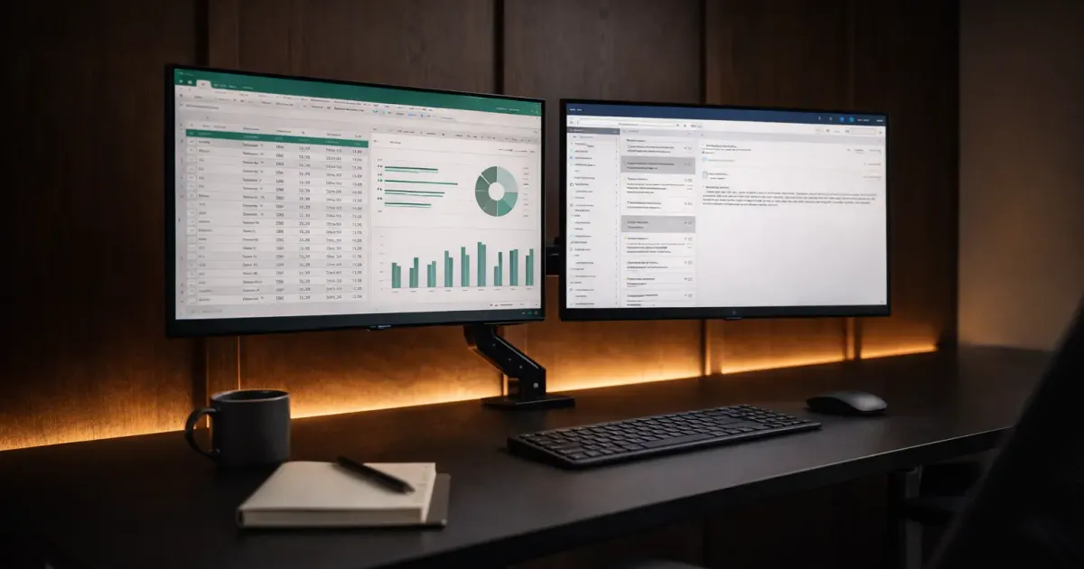 Step-by-step dual monitor setup on a home office desk