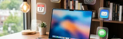 A premium Mac setup with floating glass-morphism app icons
