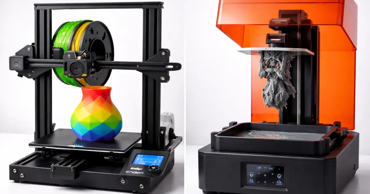 Side-by-side comparison of FDM and resin 3D printed objects