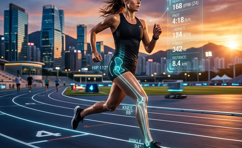 Futuristic runner with holographic performance data overlays