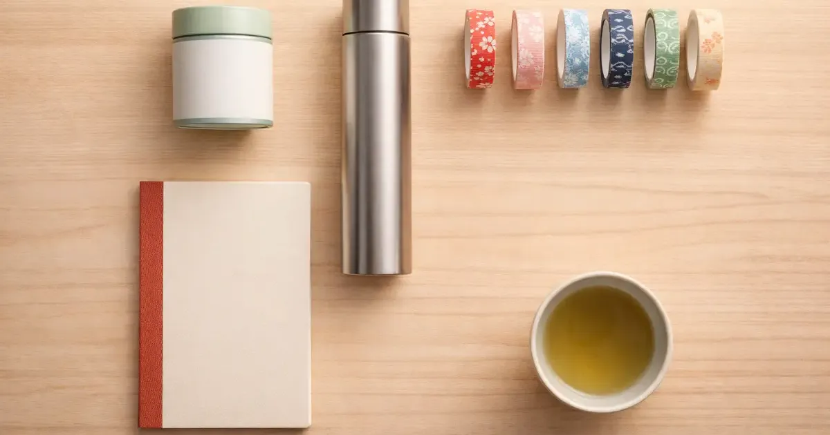 Collection of Japanese products including stationery, snacks, and electronics