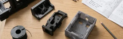 3D-printed PLA parts arranged on a wooden desk next to a digital caliper, technical drawing with print specs, and a desktop FDM 3D printer