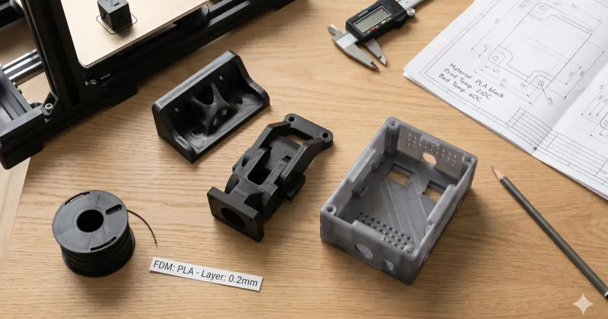 3D-printed PLA parts arranged on a wooden desk next to a digital caliper, technical drawing with print specs, and a desktop FDM 3D printer
