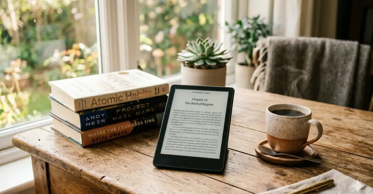 Kindle e-reader on a desk with a book and a cup of coffee