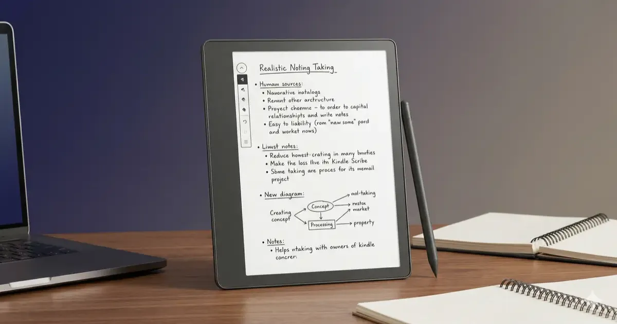 Kindle Scribe on an office desk with handwritten meeting notes on screen next to a laptop.