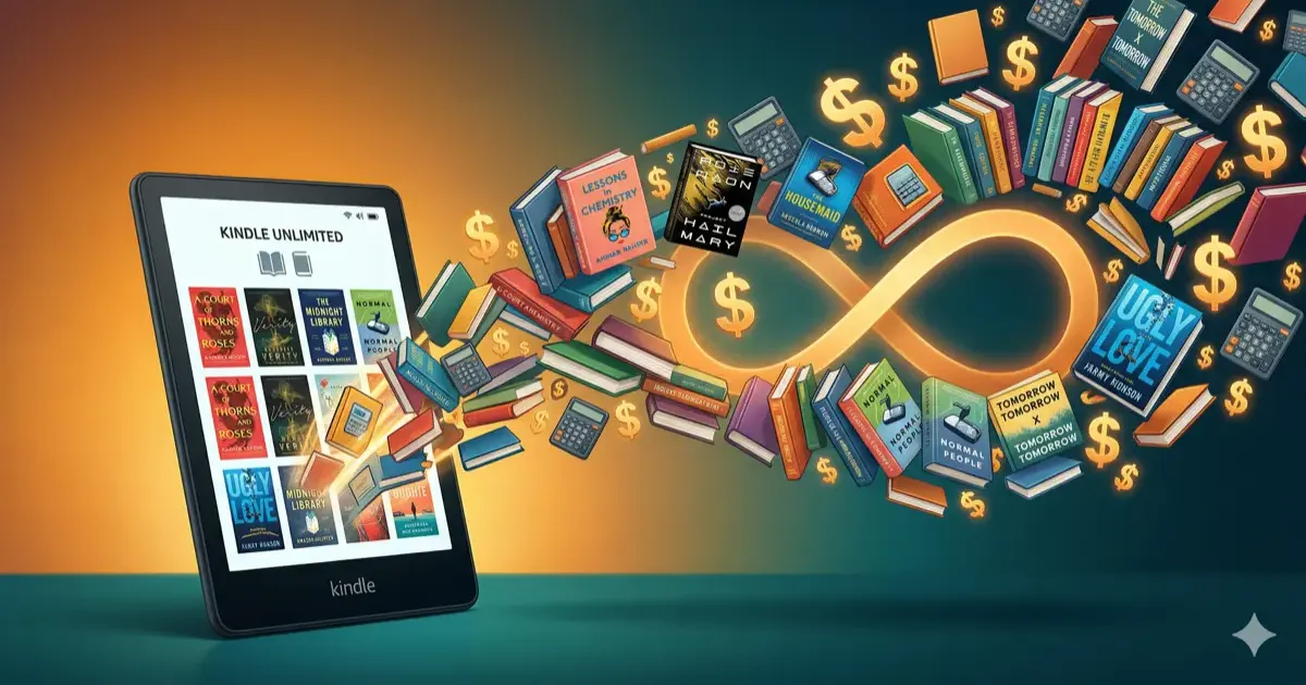 Kindle with Unlimited catalog and cost breakdown illustration
