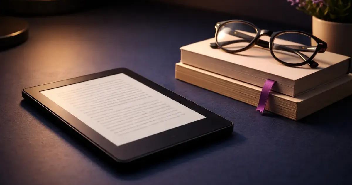 Kindle e-reader on a cozy reading setup with books nearby
