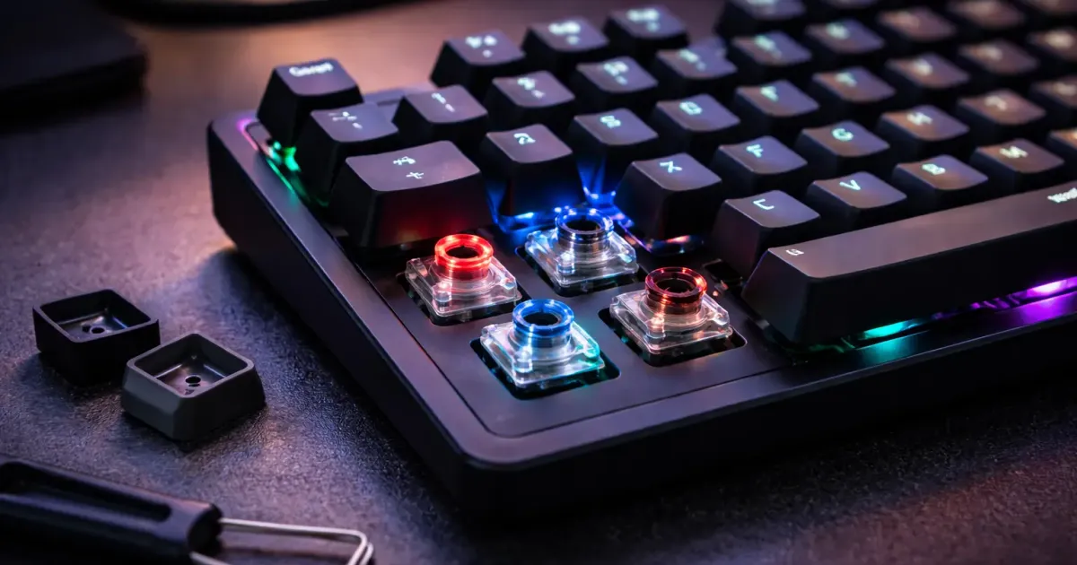Collection of mechanical keyboards with colorful keycaps on a desk