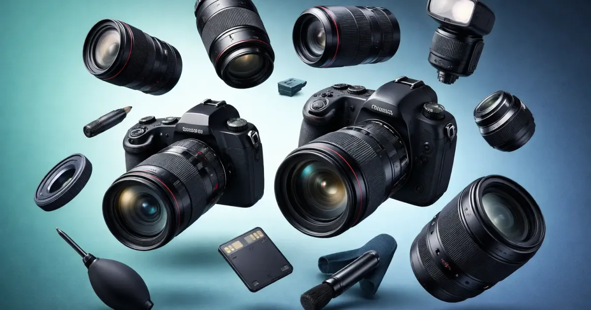 Illustration showing photography gear essentials for beginners