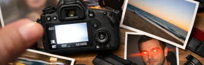 Camera with common photography mistake examples on a light background