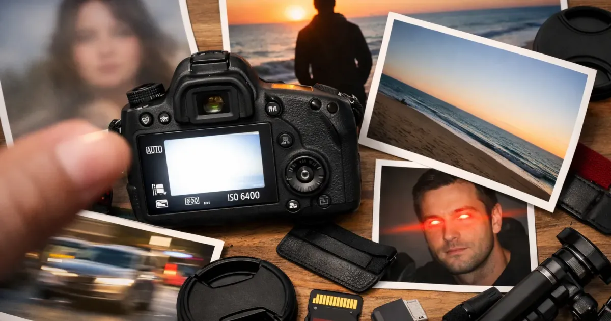 Camera with common photography mistake examples on a light background