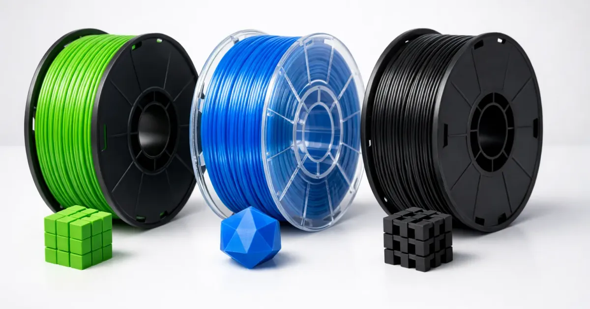 Side-by-side comparison of PLA, PETG, and ABS 3D printing filaments