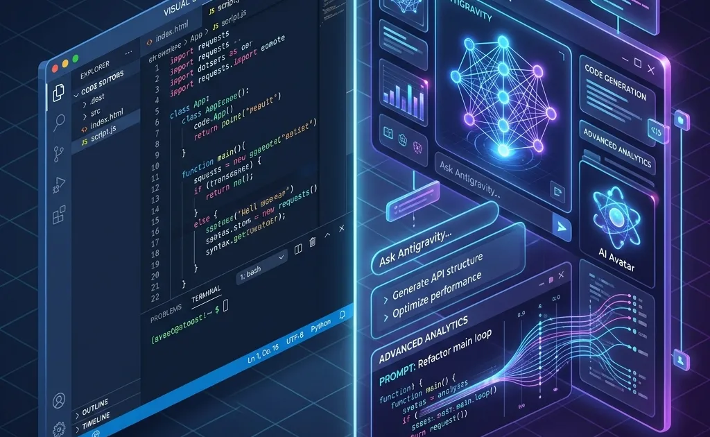 A side-by-side comparison of the VS Code interface and the Antigravity agentic workspace