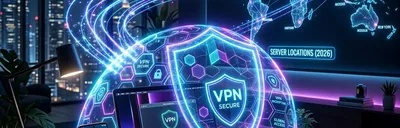 Conceptual visualization of a VPN protecting a laptop and smartphone.