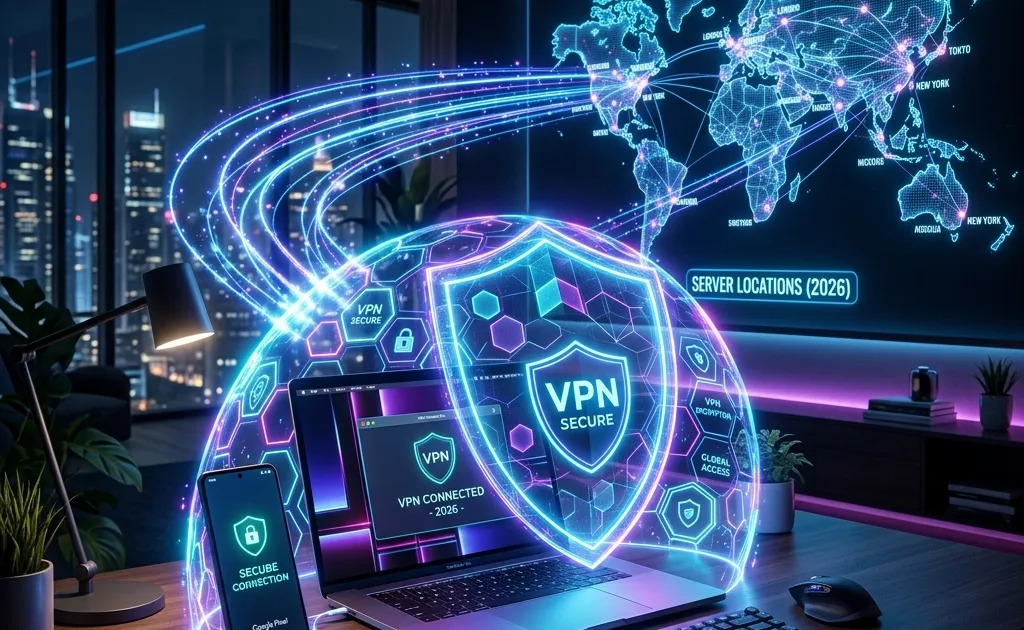 Conceptual visualization of a VPN protecting a laptop and smartphone.