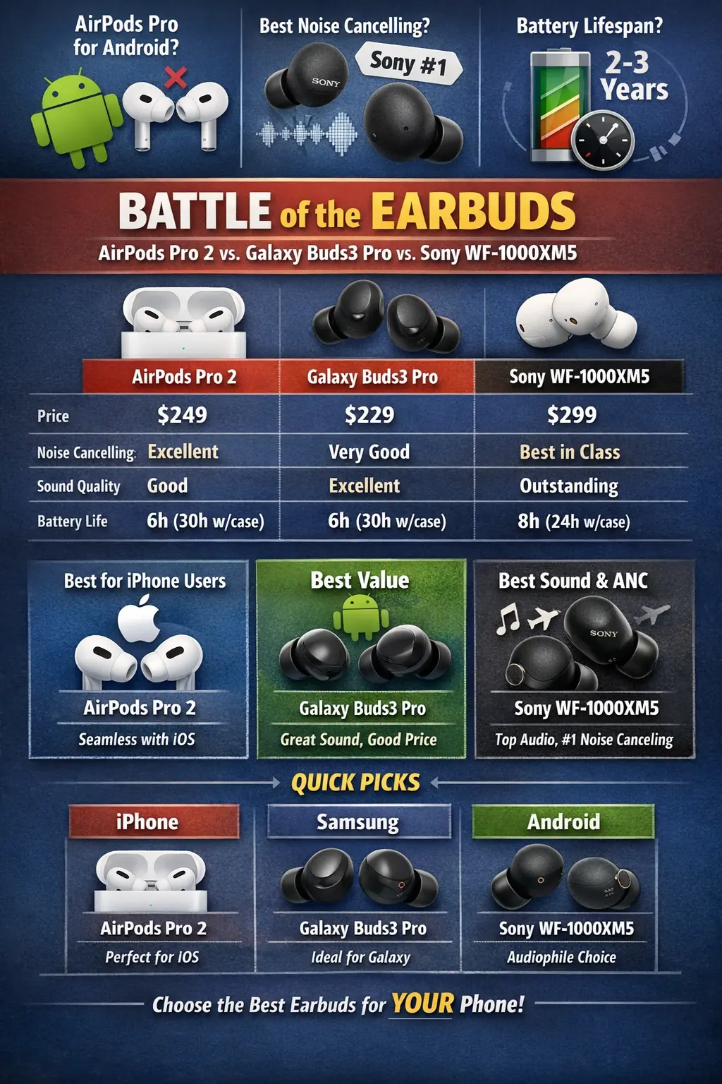 AirPods Pro vs Galaxy Buds vs Sony WF-1000XM5: Which Earbuds Win?